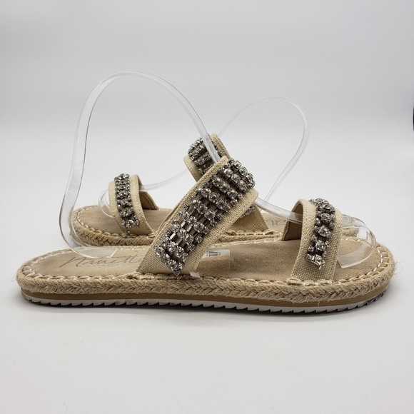 Nanette Lepore women US 9 off white sandals rhinestones fabric upper espadrille - Picture 3 of 11